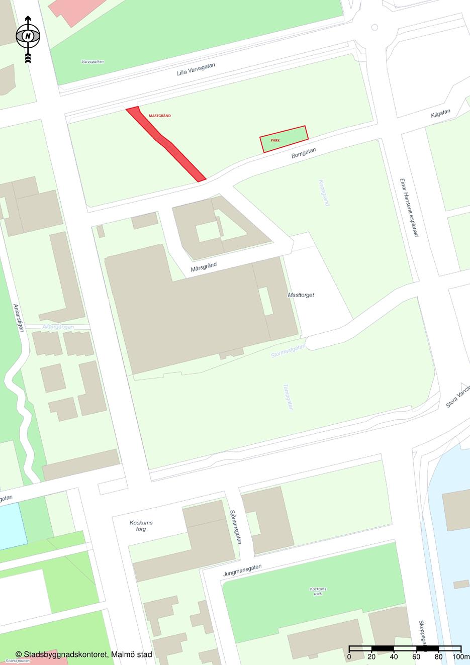 2.9 Karta 2.10 Omfattning Utbyggnation av Västra Hamnens infrastruktur i enlighet med Dp 5237 för att möjliggöra utbyggnation av bostäder, verksamheter och förskola.