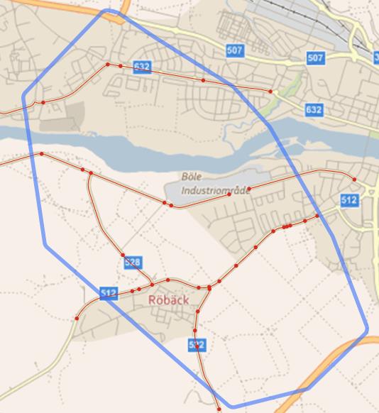 Det skapade projektet kommer nu att vara synlig på kartan som en blålinjerad polygon och eventuella befintliga vägar som blir berörda av projektet kommer att synas som röda streck och noder inom och