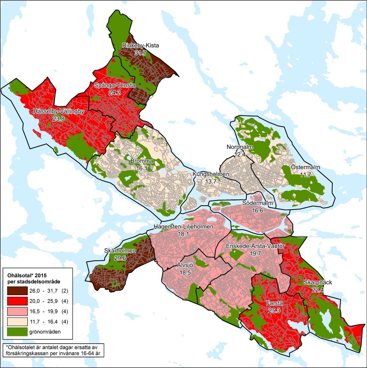 Figur 17, visar en karta över ohälsotalet i stadens stadsdelsområden.