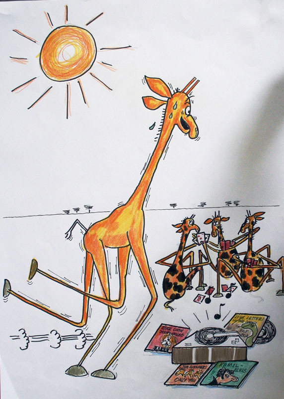 Griffe kom i full fart till sina kompisar som spelade kort och lyssnade på hotta skivor från Amerika. Hej hallå! Nu är jag en giraff igen skrek Griffe! Jag vill vara med och spela.