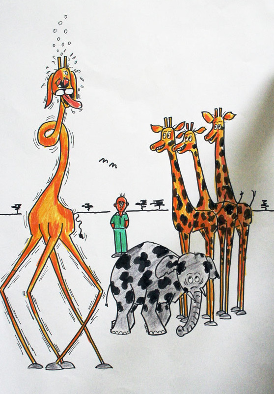 Girafferna fortsattte att säga dumma saker. De hade målat prickar på en söt elefantunge och sa att han är mera giraff än du är. Så han får vara med oss och spela. Ha-Ha-Ha.