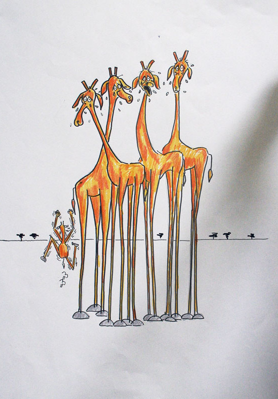 Någonting hade hänt under natten. Jockes medicin hade tagit bort alla prickar på varenda giraff. Girafferna var så ynkliga att skåda.
