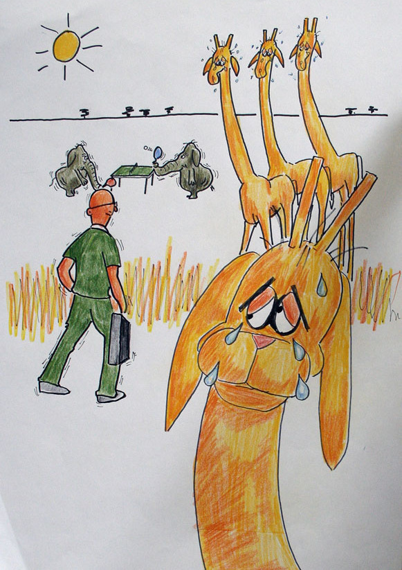 Jocke gick bort till girafferna och frågade Hur var det här då? Vi är så ledsna, sa de och grät stora krokodiltårar.