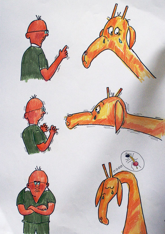 Jasså, nu vill ni ha hjälp? sa Jocke. Kommer ni i håg när Griffe inte hade några prickar hur ni retade och mobbade honom? Han var ju bara en utan prickar, sa en giraff. Nu är vi alla utan.