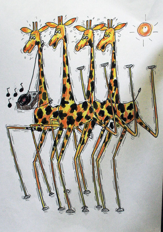 Så kom då girafferna. Dom tjoade, tjimade, skrattade och var hur glada som helst.