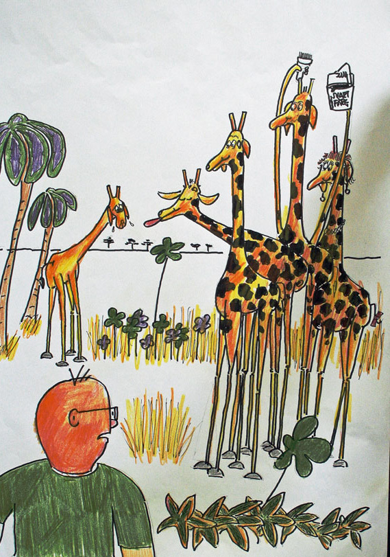 Värst av alla att retas var Griffes kompisar. Du är ingen riktig giraff, sa en giraff. En annan sträckte ut tungan mot Griffe och skrek: Du får inte vara med oss.