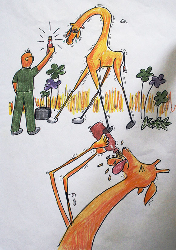 Griffe tog flaskan och hällde i sig allt. Men fy vad det smakade illa. Det smakade gammal mössa. Kan man verkligen få tillbaka sina prickar av det här? Det trodde inte Griffe.