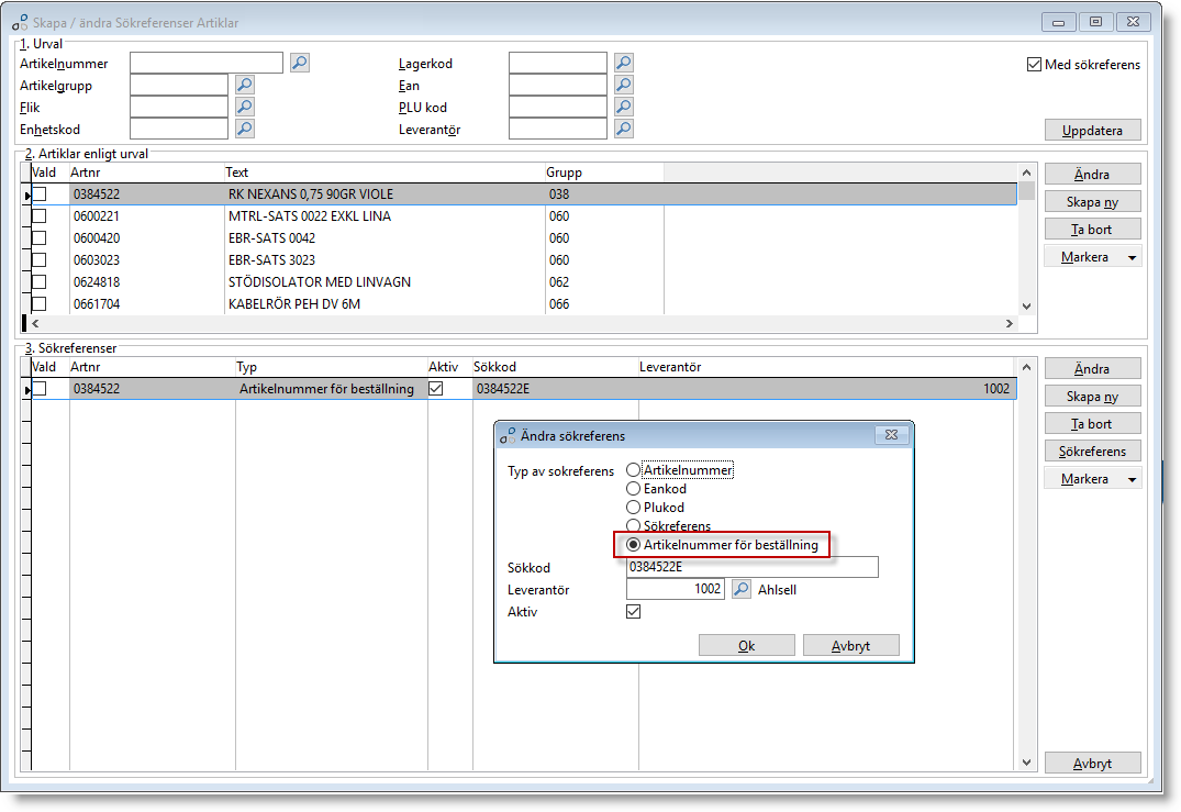 Beställningar EDI: Ny typ av sökreferens på artiklar vid export och import av beställningar/ EDI-fakturor.