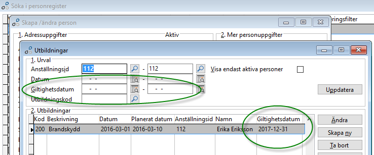 Giltighetsdatum i utbildningar Nytt fält för