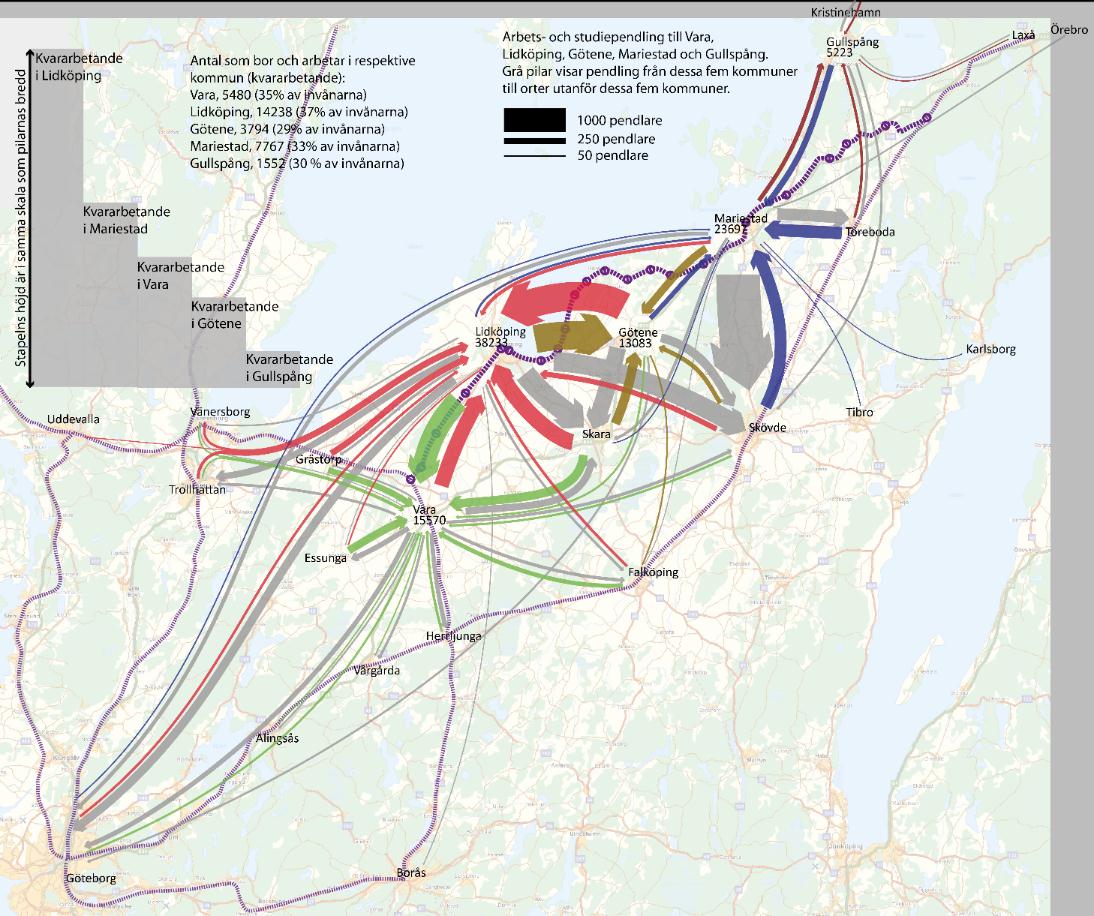 Figur 3-10. Figuren ovan visar mellankommunal pendling i området omkring Kinnekullebanan.