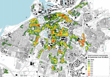 Malmö Åtgärdsprogram mot buller 2014 Antal invånare utsatta för >30 dba inomhus: 48 000, >55 dba utomhus vid fasad: 126 000 Uppskattad kostnad (inkl sjukvård och arbetsbortfall): 1 100 MSEK/År