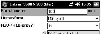 11.7.7 Jordmånsbeskrivning och markprovtagning Variabler Humusborrens diameter 11.7.7 HUMUSBORRENS DIAMETER Borrdiameter [meny Humusprovtagning, delmeny Inledande variabler] För att arealbestämning