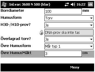 11.7.10 Jordmånsbeskrivning och markprovtagning Variabler Överlagrad torv Övre HumusMäkt [meny Humusprovtagning, delmeny Inledande variabler] I variabeln registreras den överlagrade humusformens