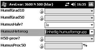 11.7.16 Jordmånsbeskrivning och markprovtagning Variabler Humusprovets heterogenitet 11.7.16 HUMUSPROVETS HETEROGENITET HumusHeterog [meny Humusprovtagning, undermeny Avslutande variabler] Variabeln