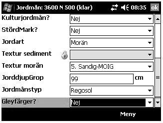 11.7.24.2 Jordmånsbeskrivning och markprovtagning Variabler Jordmånstyp Gleyfärger 11.7.24.2 Jordmånstyp variabeln Gleyfärger? Gleyfärger? [meny Jordmånsbeskrivning] Gleyfärger?