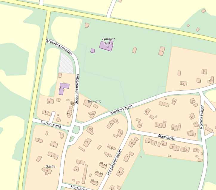 Figur 1. Utdrag ur cx-kartan över området kring Bjuråkers kyrkomiljö och delar av Bjuråkers tätort.
