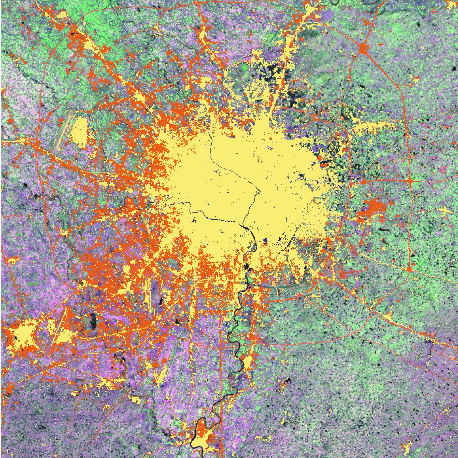Bilaga 2 Chengdus urbana utbredning mellan 1990-2000, det orangea fälten markerar