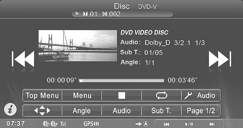 DVD-funktion DVD När du pekar på dvd-uppspelningsskärmen, visas funktionsskärmen DVD. Nedan visas ett exempel på en DVD- VIDEO-funktionsskärm. Funktionsknapp 1/2 Titelnr.