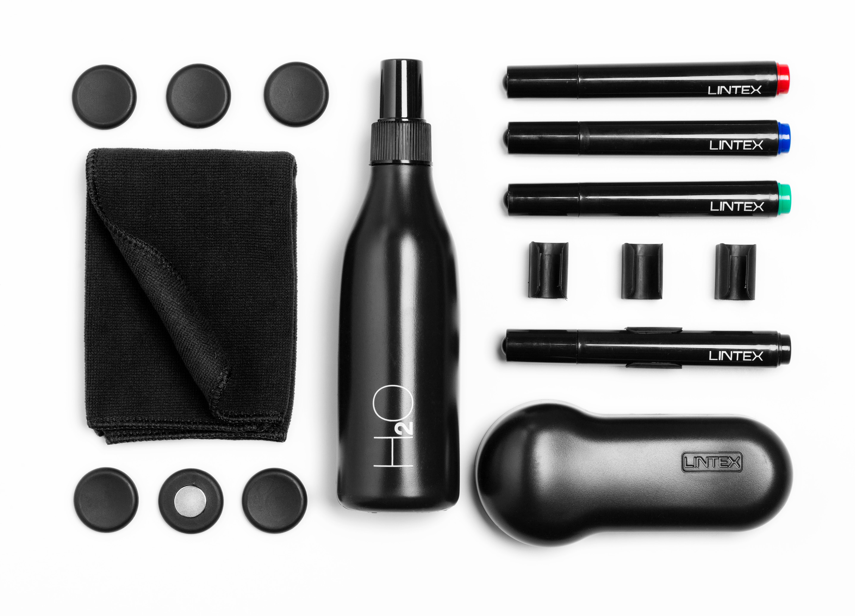 Lintex Prislista 2016 Startset Black Startset Innehåller fyra pennor, sex magneter, sprayflaska för rengöring med vatten, tavelsudd, tre filtar, en microfiberduk och fyra magnetiska singelpennhållare.