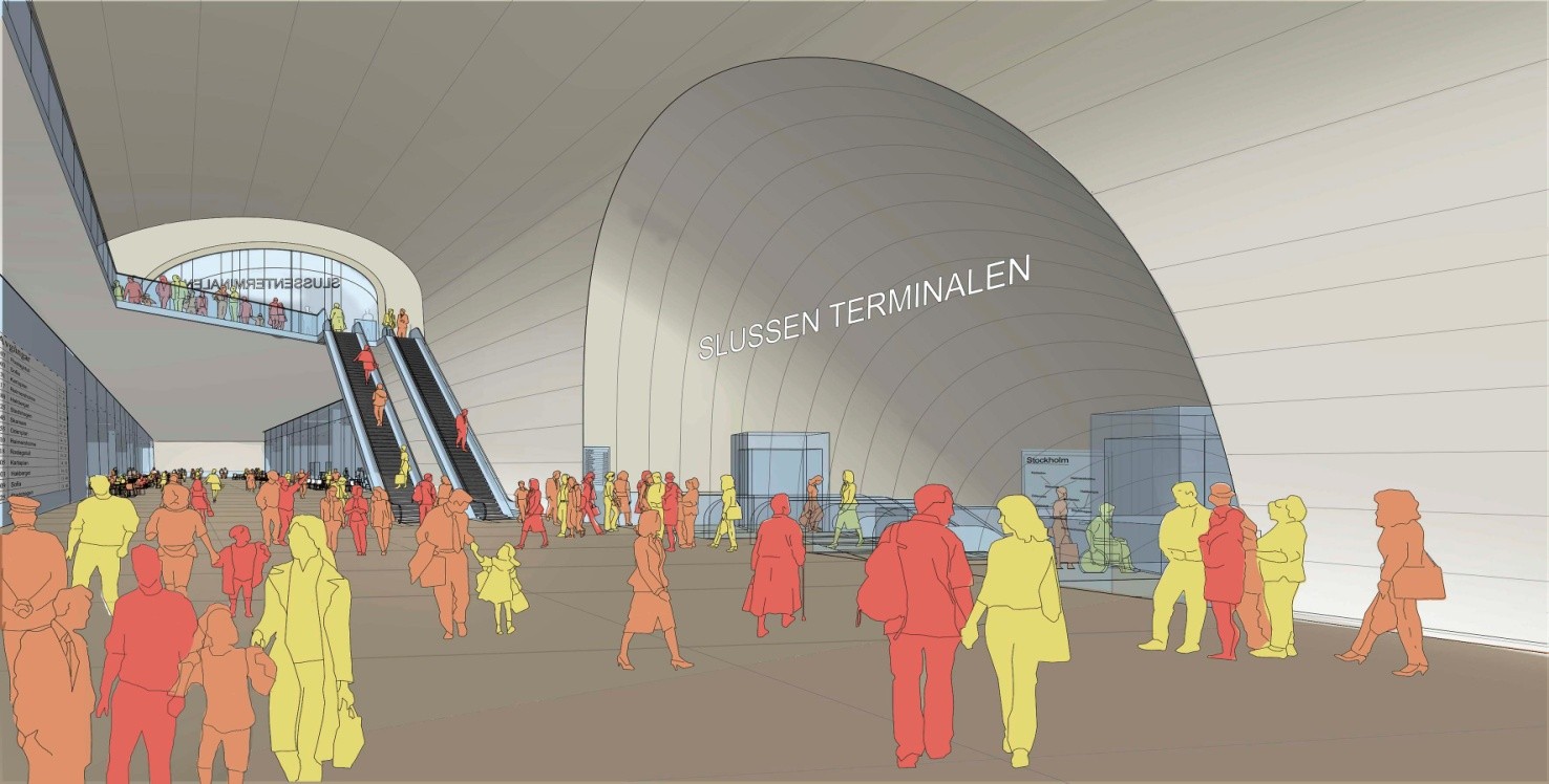 8. Terminalmiljö i Katarinaterminalen Interiör från Katarinaterminalen, terminalplanet, 18 m under Katarinavägen, ca 5 m