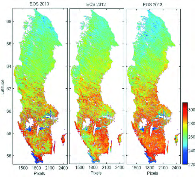 Höstens utveckling sedd med satellitbilder EOS 2010 EOS 2012 EOS 2013 Latitud (breddgrad) position på jorden i nord- sydlig riktning Dagnummer när hösten slutar (365/år) Figur 8.