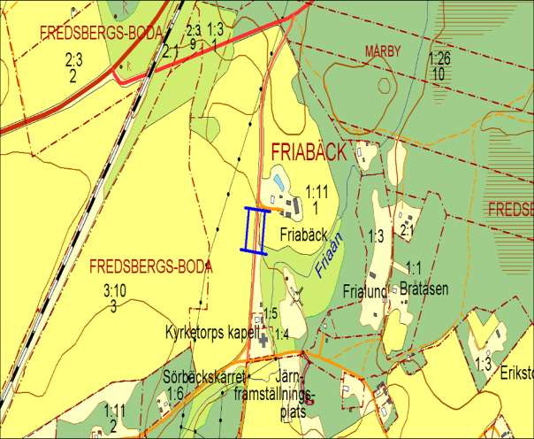 3053, Friabäck, FRIABÄCK Allé ID på karta 81 Vägnummer O 3053 Namn Friabäck, FRIABÄCK Gammalt namn och ID Kyrketorps kapell, 3053_0 Östra sidan 90 m.