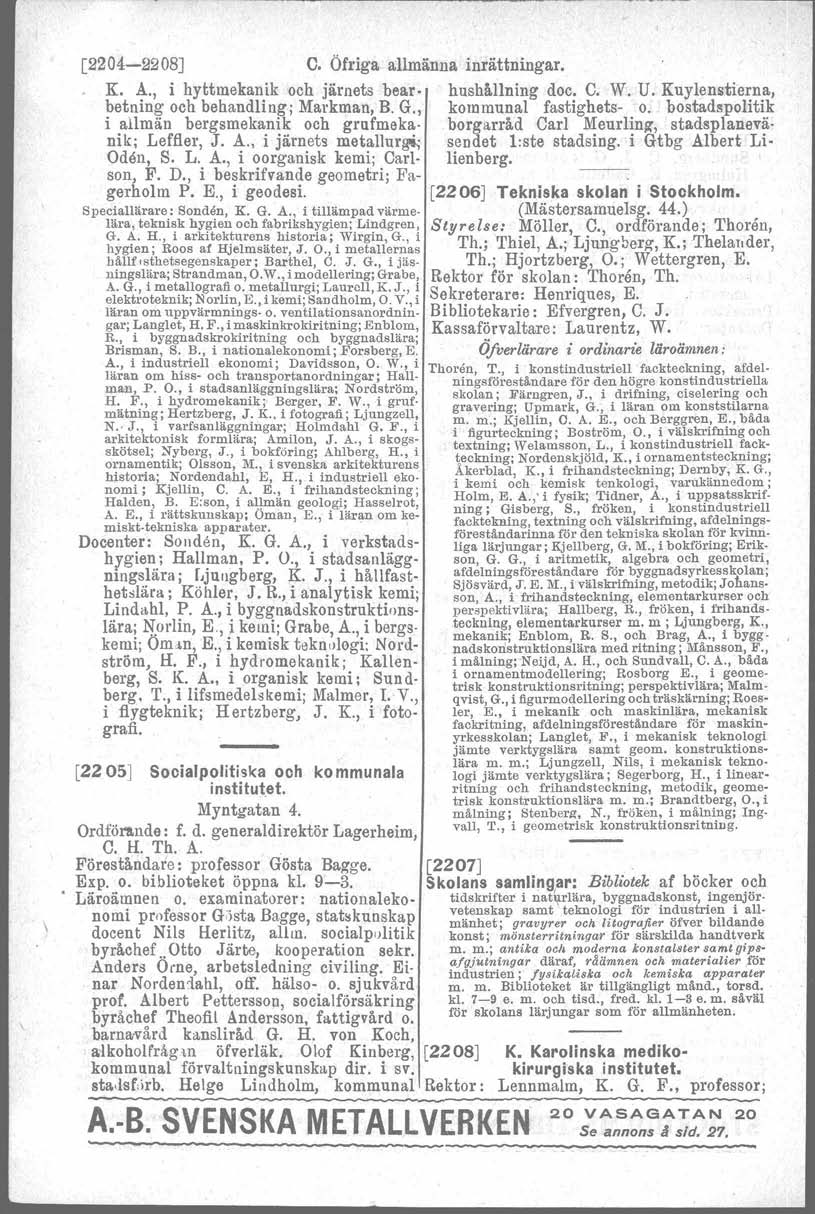 [2204-2208J C. äfriga allmänna inrättningar. K. A., i hytt mekanik 'och järnets bearbetning och behandling; Matkman. B. G., i allmän bergsmekanik och grufmokanik; Leffler, J. A., i järnets metal1urg'i; Oden, S.