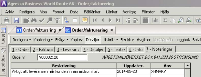 Lathund - Registrering av försäljningsorder AGRESSO Logistik Flik 5 Texter Flik 5 ger möjlighet att ange informationstext/er som visas som huvudtext eller bottentext på fakturan.