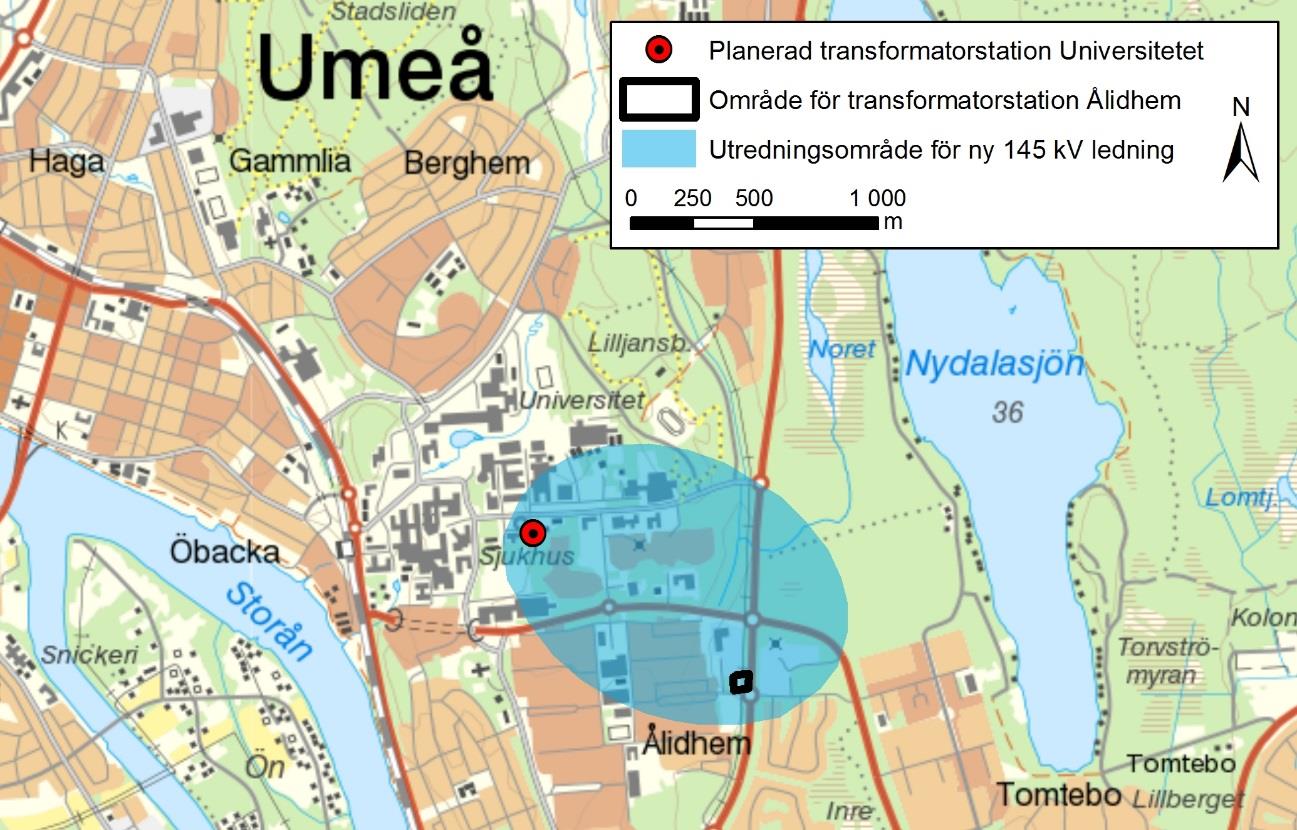 Figur 1. Utredningsområde för planerad ledning mellan Umeå Universitet och Ålidhem.