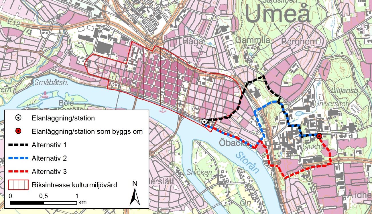 Figur 5. Alternativa sträckningar i anslutning till område som utpekas som riksintresse för kulturmiljövård för Umeå centrum. Den planerade ledningen kommer att alstra elektromagnetiska fält.