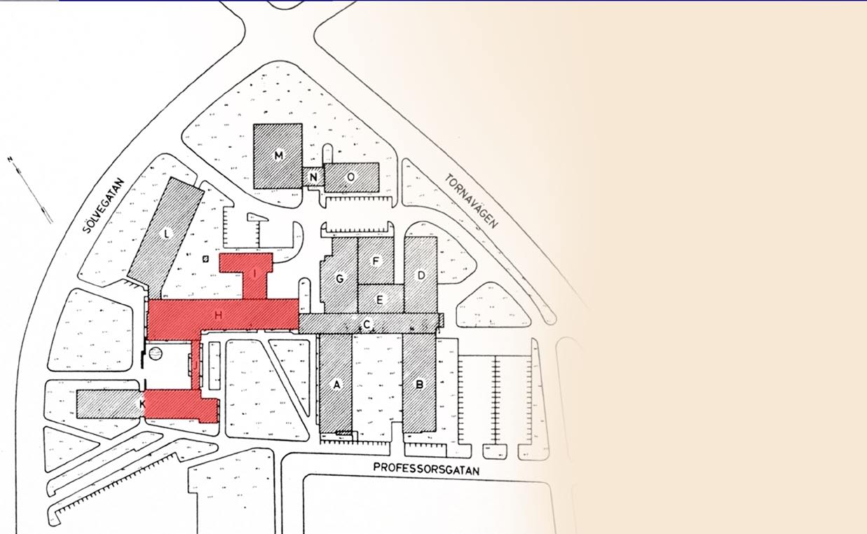 Fortsatt expansion Behovet av utrymme för forskning och undervisning fortsatte dock att öka och utöver de ursprungliga byggnaderna (markerade med rött) hade institutionen vuxit på följande vis fram