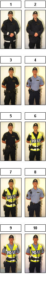 Polisen på bilderna i undersökningen håller sina armar bakom ryggen för att synliggöra den utrustning han bär i bältet.
