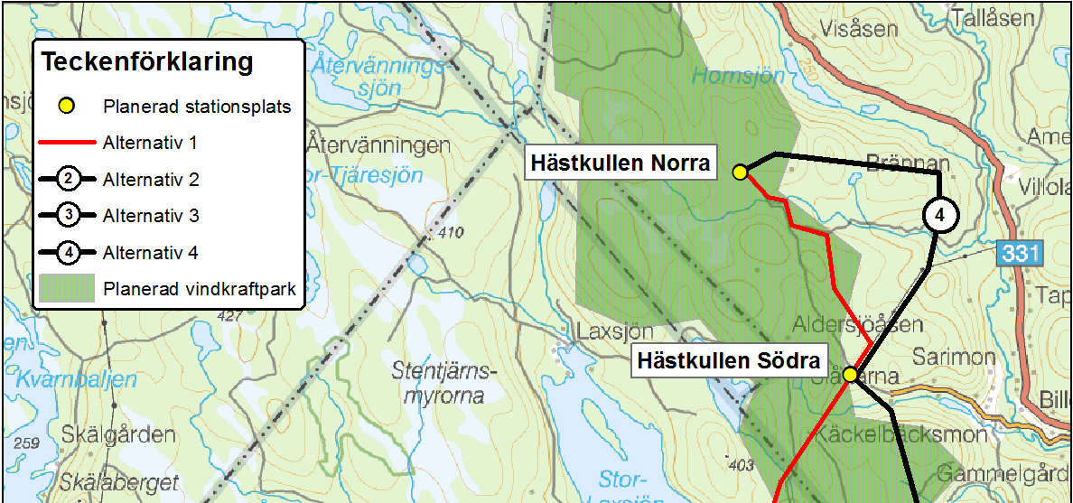 Figur 1. Översiktskarta som visar de framtagna sträckningsalternativen för kraftledningen mellan Hästkullen Norra och Jenåsen. E.