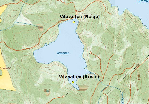 Vitavatten (Rösjö) Vitavatten (Rösjö) med den norra och södra övervakningslokalen utmärkt. Sedan 1999 besöks endast den södra.