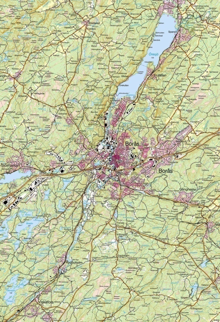 Figur 2 Översiktskarta över det förorenade området samt sjön Öresjö uppströms Borås, som ingått i vissa undersökningar som referens (till vänster), samt detalj av de förorenade sjöarna med indelning