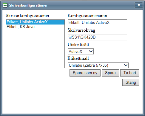 11. Ett nytt fönster skrivarkonfigurationer öppnas. Börja med att ange ett konfigurationsnamn och sökvägen till etikettskrivaren, t.ex.