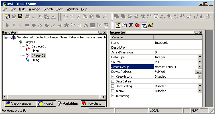 5 LÄGG TILL VARIABLER Variabler kan skapas i Vijeo Designer alternativt importeras med en skv-fil. 1.. För att skapa nya variabler, klicka på flik Variables i Navigator fönstret. 2.