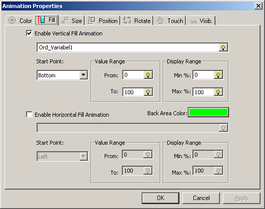 Markera Enable Vertical Fill Animation. Klicka på variabelfältet och välj önskad variabel. Tryck OK. 6.1.