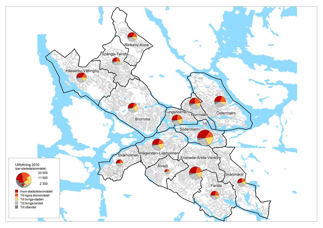 Figur 2 visar utflyttningar för stadsdelsområdena. Mönstret ser ganska likartad ut för stadsdelsnämnderna.