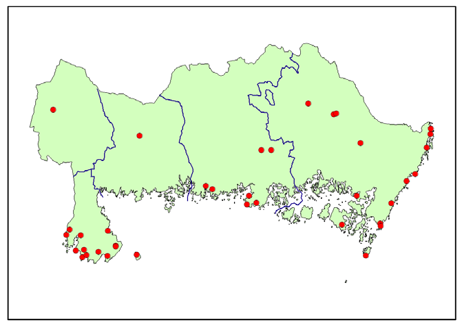 Figur 5. Karta över Blekinge med inventeringslokalerna markerade. Insamlingsmetod Insamlingsmetoden följer den metod som beskrivs i åtgärdsprogrammet för dynglevande skalbaggar (Ljungberg 2007).