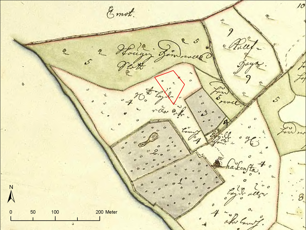 Figur 2. Utsnitt ur karta över geometrisk avmätning i området från 1710.
