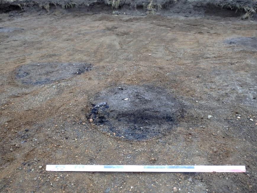 IDnr. 215821-5 Stolphål Stolphålet är 0,85 x 0,85m stort och består i ytan av brun, sandig och smågrusig silt. Stolphålet innehåller i ytan mycket kol. Speciellt kolrik är Ö kanten av strukturen.