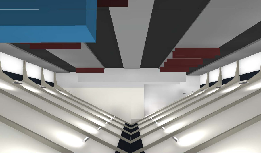Figur C1. 3D-ritning samt visualisering av belysning i mjölkkostallet C i Dialux.