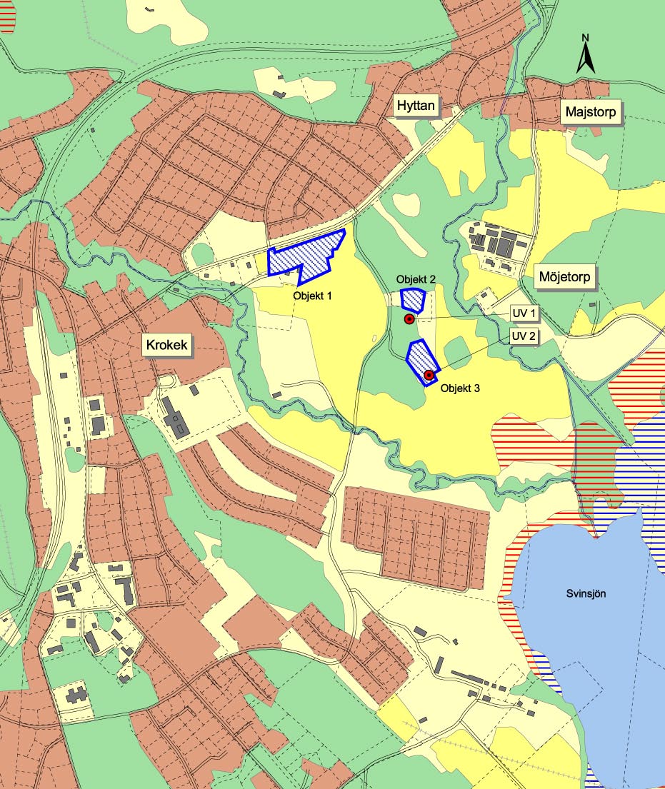 Fig 3. Fastighetskarta 1:10 000 med utredningsområdena (Objekt 1-3) markerade. Lägena för UV 1 (stenåldersboplats) och UV 2 (Kulla gamla bytomt) är också markerade.
