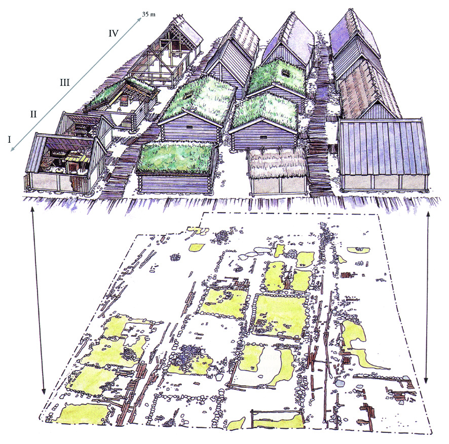 Figur 5 Fyra stadsgårdar indelade i fyra zoner, efter arkeologisk undersökning i kvarteret Trädgårdsmästaren 9 och 10, 1988-90. Rekonstruktion: Björn Pettersson. Teckning: Mats Vänhem.