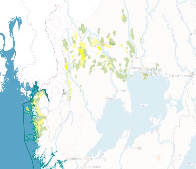 Hydrologiska varningstjänsten Till vänster: karta över markens mättnadsgrad.