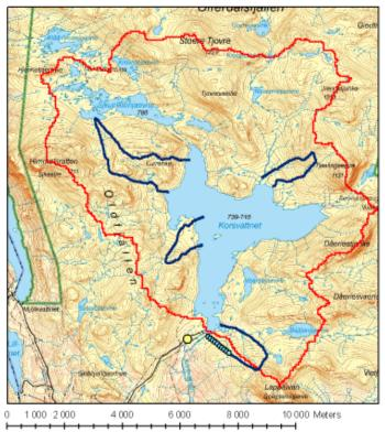 Figur 1. Försöksområden, Korsvattnet till vänster och Kultsjön/Ransarn till höger, med avrinningsområdesgränser (röda linjer).