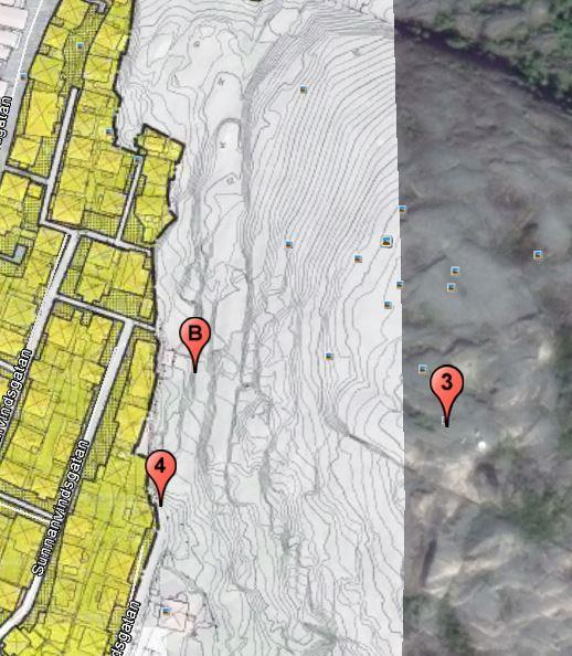 Bild 2. Kil som är stabil i dagsläget. Vy åt N. Mellersta delområdet Figur 3. Det mellersta delområdet, med gammastrålningsmätningar markerade som 3 och 4, och några stabila block markerade som B.