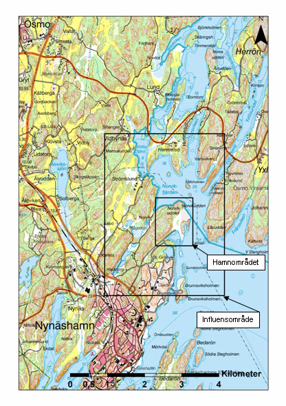 Figur 1: Utredningens geografiska avgränsning. Copyright Lantmäteriverket. Ärende nr M2006/1022 Utredningen avgränsas till att innefatta konsekvenserna för kulturmiljön på land.
