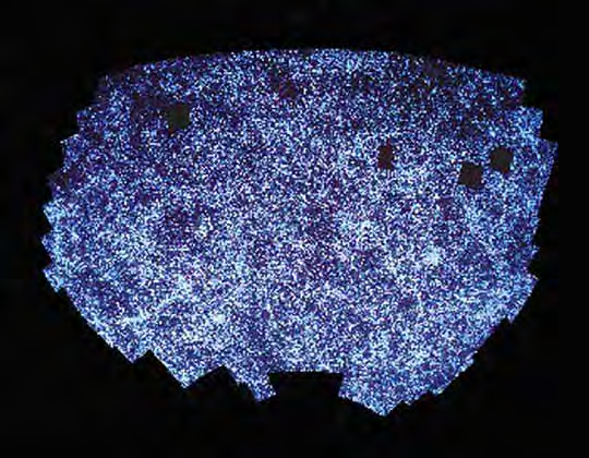 2 miljoner galaxer över 10% av himlen. Vita punkter representerar mer än 20 galaxer; blå punkter 1-19 galaxer; svarta punkter innehåller inga galaxer.
